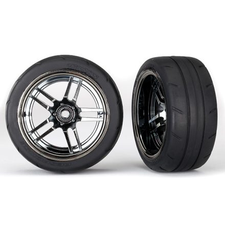 Traxxas Tires and wheels, assembled, glued (split-spoke black chrome wheels, 1.9" Response tires) (extra wide, rear) (2)