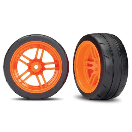 Traxxas Tires and wheels, assembled, glued (split-spoke orange wheels, 1.9" Response tires) (extra wide, rear) (2) (VXL rated)