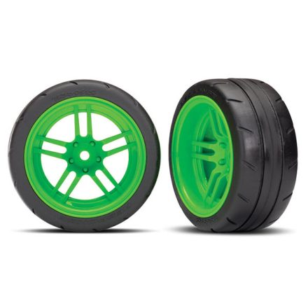 Traxxas Tires and wheels, assembled, glued (split-spoke green wheels, 1.9" Response tires) (extra wide, rear) (2) (VXL rated)