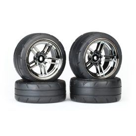   Traxxas Tires & wheels, assembled, glued (split-spoke black chrome wheels, 1.9" Response tires, foam inserts) (front (2), rear (extra wide) (2)) (VXL rated)