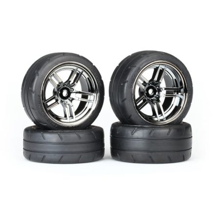 Traxxas Tires & wheels, assembled, glued (split-spoke black chrome wheels, 1.9" Response tires, foam inserts) (front (2), rear (extra wide) (2)) (VXL rated)