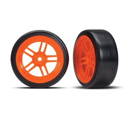 Traxxas Tires and wheels, assembled, glued (split-spoke orange wheels, 1.9" Drift tires) (front)