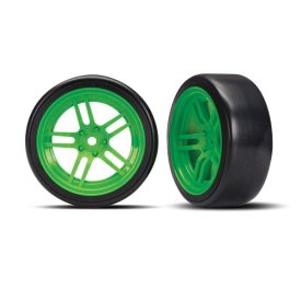   Traxxas Tires and wheels, assembled, glued (split-spoke green wheels, 1.9" Drift tires) (front)