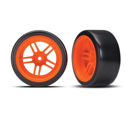 Traxxas Tires and wheels, assembled, glued (split-spoke orange wheels, 1.9" Drift tires) (rear)