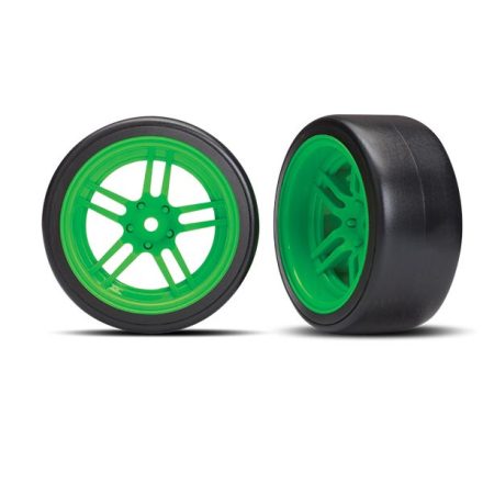 Traxxas Tires and wheels, assembled, glued (split-spoke green wheels, 1.9" Drift tires) (rear)
