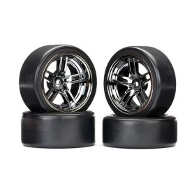   Traxxas Tires and wheels, assembled, glued (split-spoke black chrome wheels, 1.9" Drift tires) (front and rear)