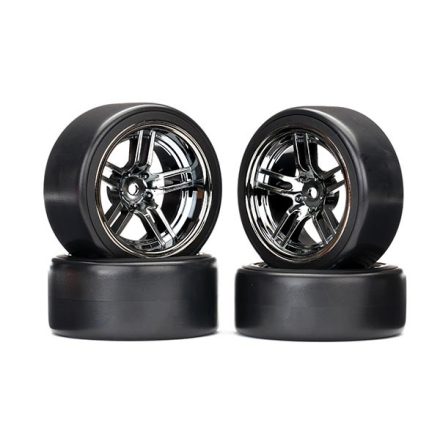Traxxas Tires and wheels, assembled, glued (split-spoke black chrome wheels, 1.9" Drift tires) (front and rear)