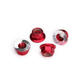   Traxxas  Nuts, 5mm flanged nylon locking (aluminum, red-anodized, serrated) (4)