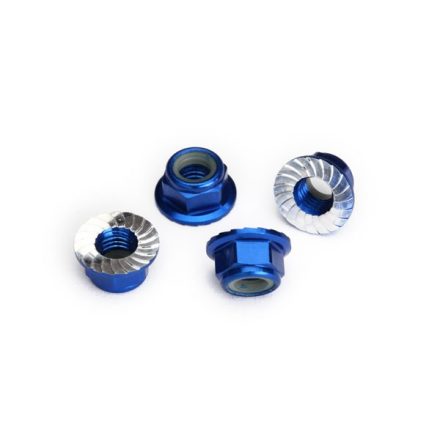 Traxxas Nuts, 5mm flanged nylon locking (aluminum, blue-anodized, serrated) (4)