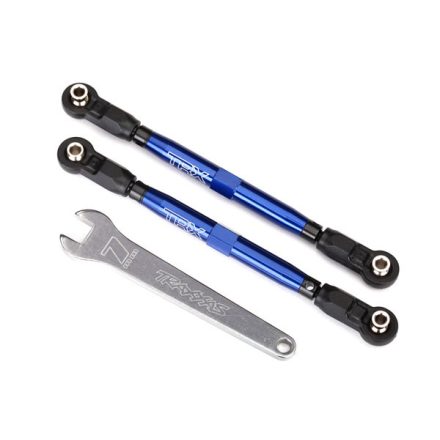Traxxas Toe links, front, Unlimited Desert Racer® (TUBES blue-anodized, 7075-T6 aluminum, stronger than titanium) (102mm) (2) (assembled with rod ends and hollow balls)/ aluminum wrench, 7mm (1)