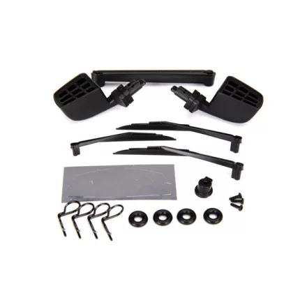 Traxxas Mirrors, side, black (left & right)/ o-rings (4)/ windshield wipers, left, right, & rear/ wiper retainers (2)/ body clips (4)/ 1.6x5 BCS (self-tapping) (3)