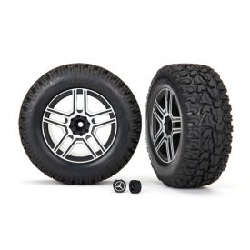   Traxxas Tires and wheels, assembled, glued (2.6" black, satin chrome-plated Mercedes-Benz® G 500® 4x4² wheels, 4.6x2.6" tires) (2)/ center caps (2) (requires #8255A extended stub axle)
