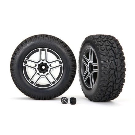 Traxxas Tires and wheels, assembled, glued (2.6" black, satin chrome-plated Mercedes-Benz® G 500® 4x4² wheels, 4.6x2.6" tires) (2)/ center caps (2) (requires #8255A extended stub axle)