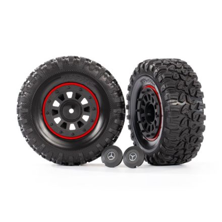 Traxxas Tires and wheels, assembled, glued (2.2" black Mercedes-Benz® G 63® wheels, Canyon RT 4.6x2.2" tires) (2)/ center caps (2)/ beadlock rings (2) (requires #8255A extended stub axle)