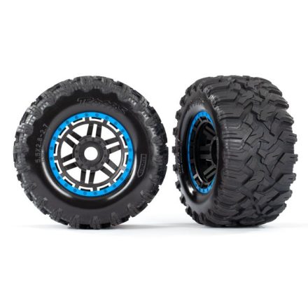 Traxxas Tires & wheels, assembled, glued (black, blue beadlock style wheels, Maxx® MT tires, foam inserts) (2) (17mm splined) (TSM® rated)