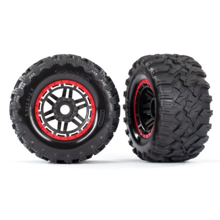 Traxxas Tires & wheels, assembled, glued (black, red beadlock style wheels, Maxx® MT tires, foam inserts) (2) (17mm splined) (TSM® rated)