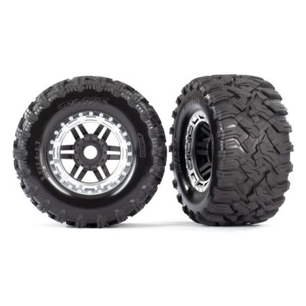 Traxxas Tires & wheels, assembled, glued (black, satin chrome beadlock style wheels, Maxx® MT tires, foam inserts) (2) (17mm splined) (TSM® rated)