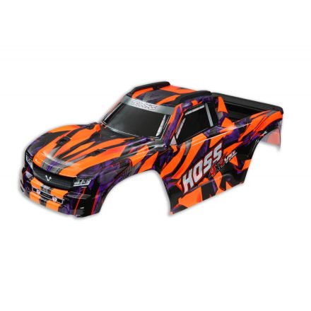 Traxxas  Body, Hoss™ 4X4 VXL, orange/ window, grille, lights decal sheet (assembled with front & rear body mounts and rear body support for clipless mounting)