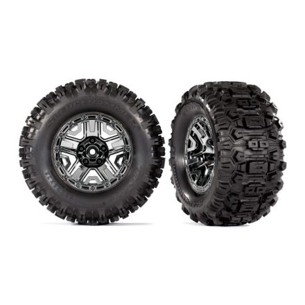 Traxxas Tires & wheels, assembled, glued (black chrome 2.8" wheels, Sledgehammer™ tires, foam inserts) (2) (TSM® rated)