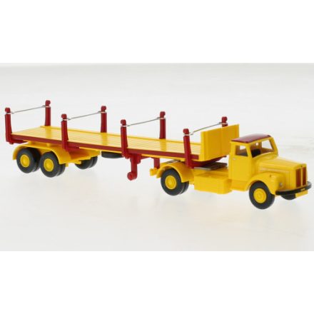 Wiking Scania flat beded trailer with stacks, yellow/red, 1974